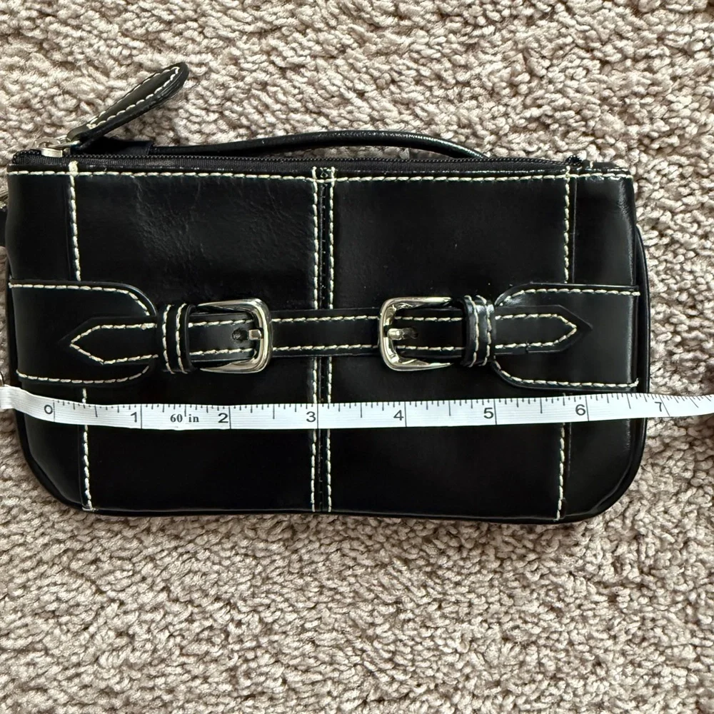 Vintage Y2K Wilsons Leather Black Wristlet Clutch White Stitching & retro Buckle
